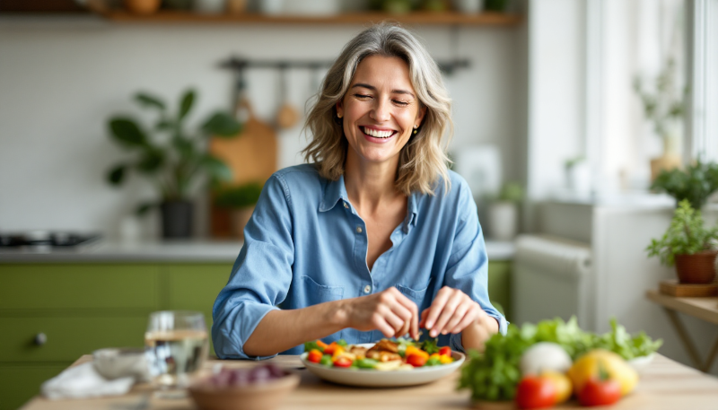 Ilustração mulher com alimentos saudáveis